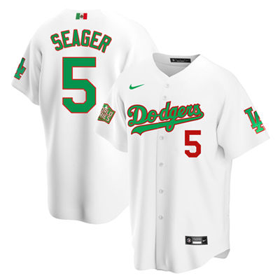 Men's Los Angeles Dodgers #5 Corey Seager White Green Mexico 2020 World Series Stitched Jersey